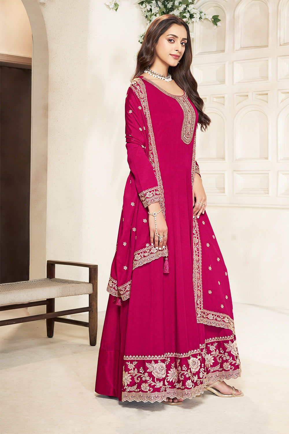 Fuchsia Pink Color Crepe Silk Embroidered Anarkali Kurti With Dupatta