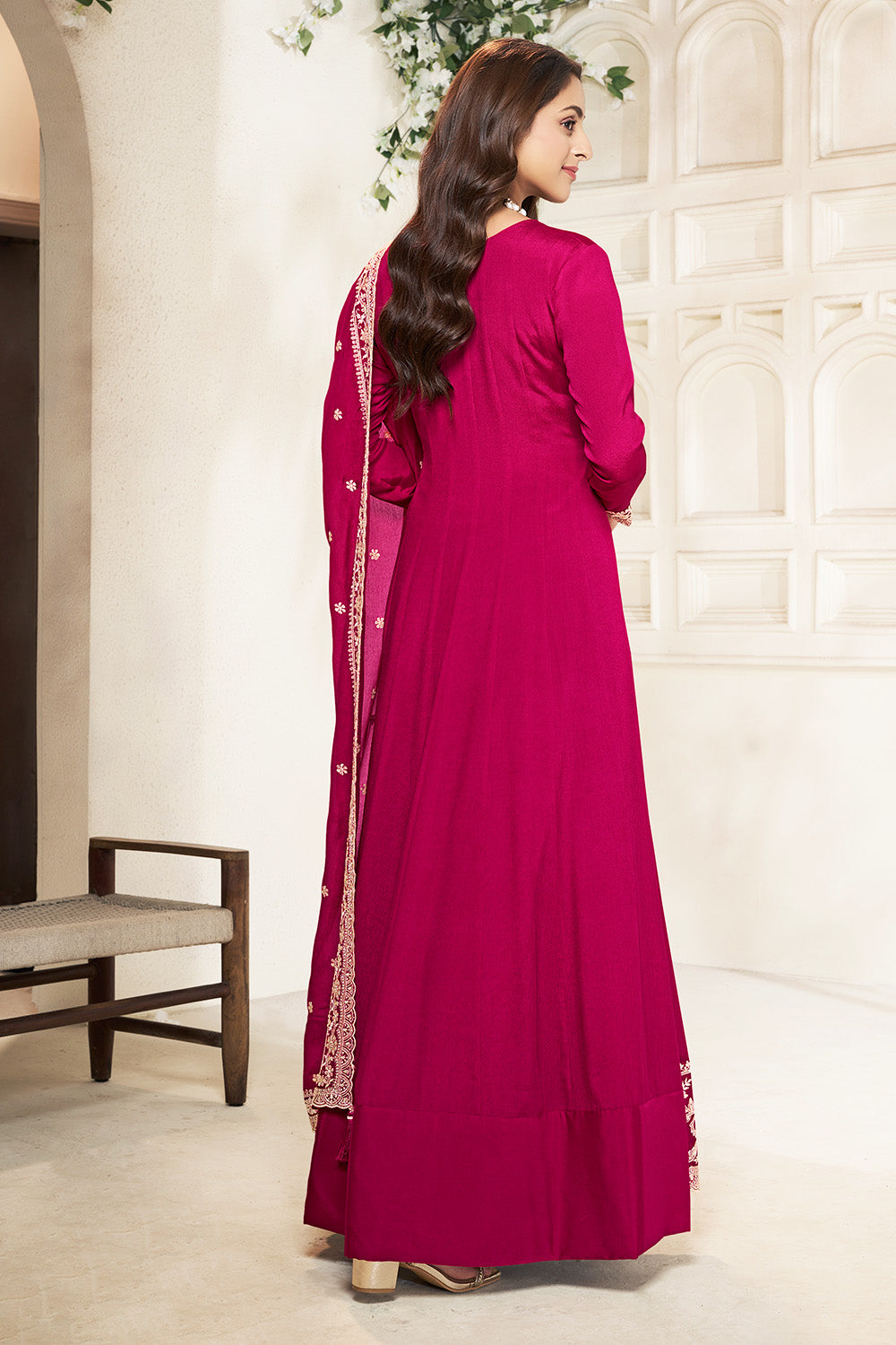 Fuchsia Pink Color Crepe Silk Embroidered Anarkali Kurti With Dupatta