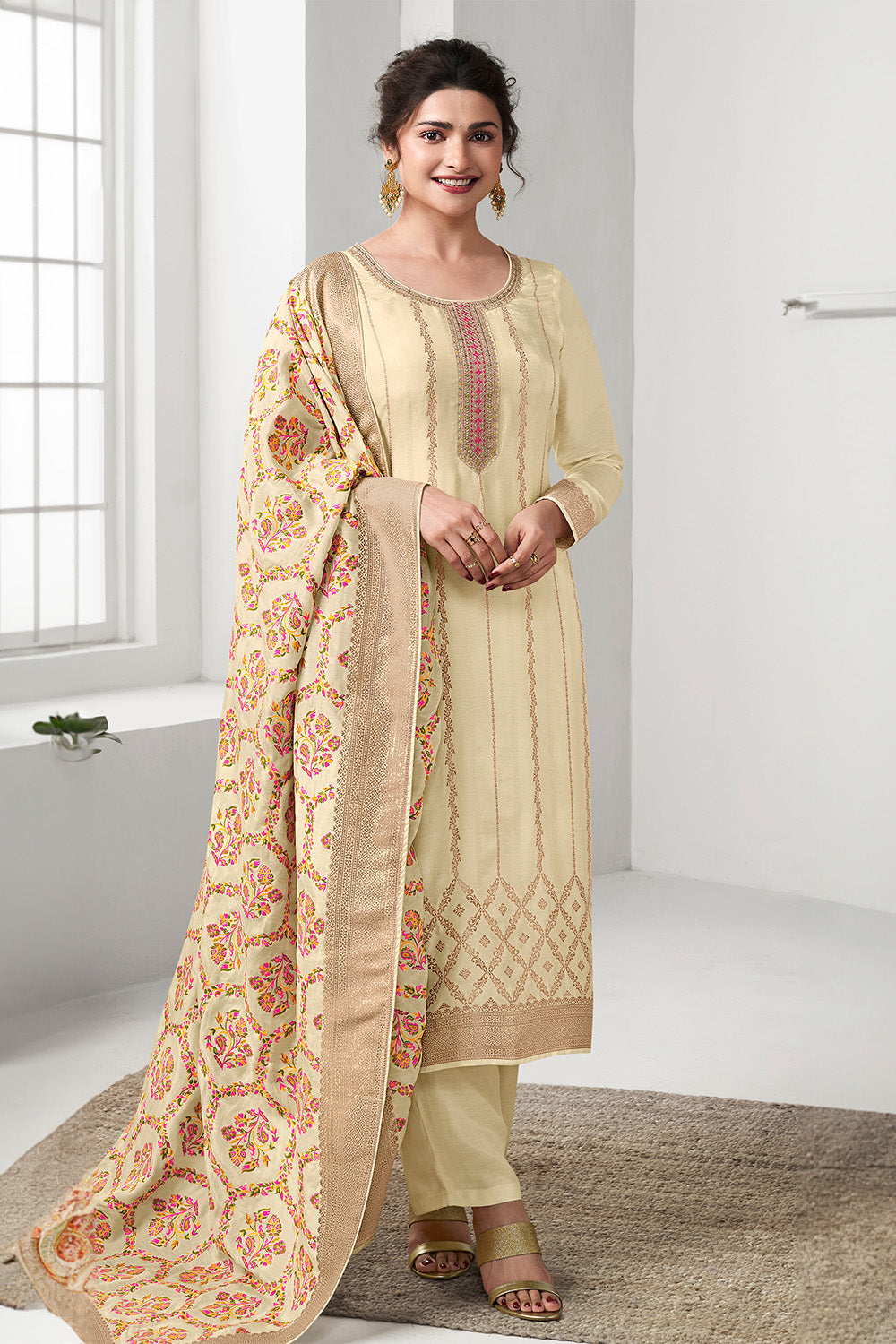 Cream Color Chanderi Silk Zari Woven Unstitched Suit Material
