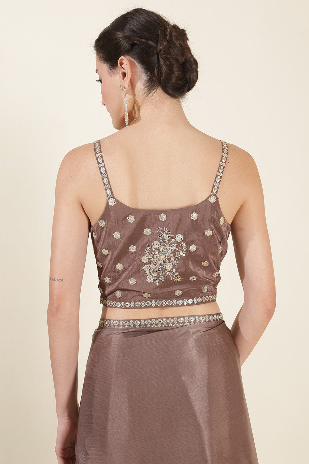 Pastel Brown Color Crepe Silk Sequins &amp; Zari Embroidered Saree with Readymade Blouse