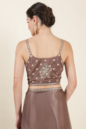 Pastel Brown Color Crepe Silk Sequins &amp; Zari Embroidered Saree with Readymade Blouse