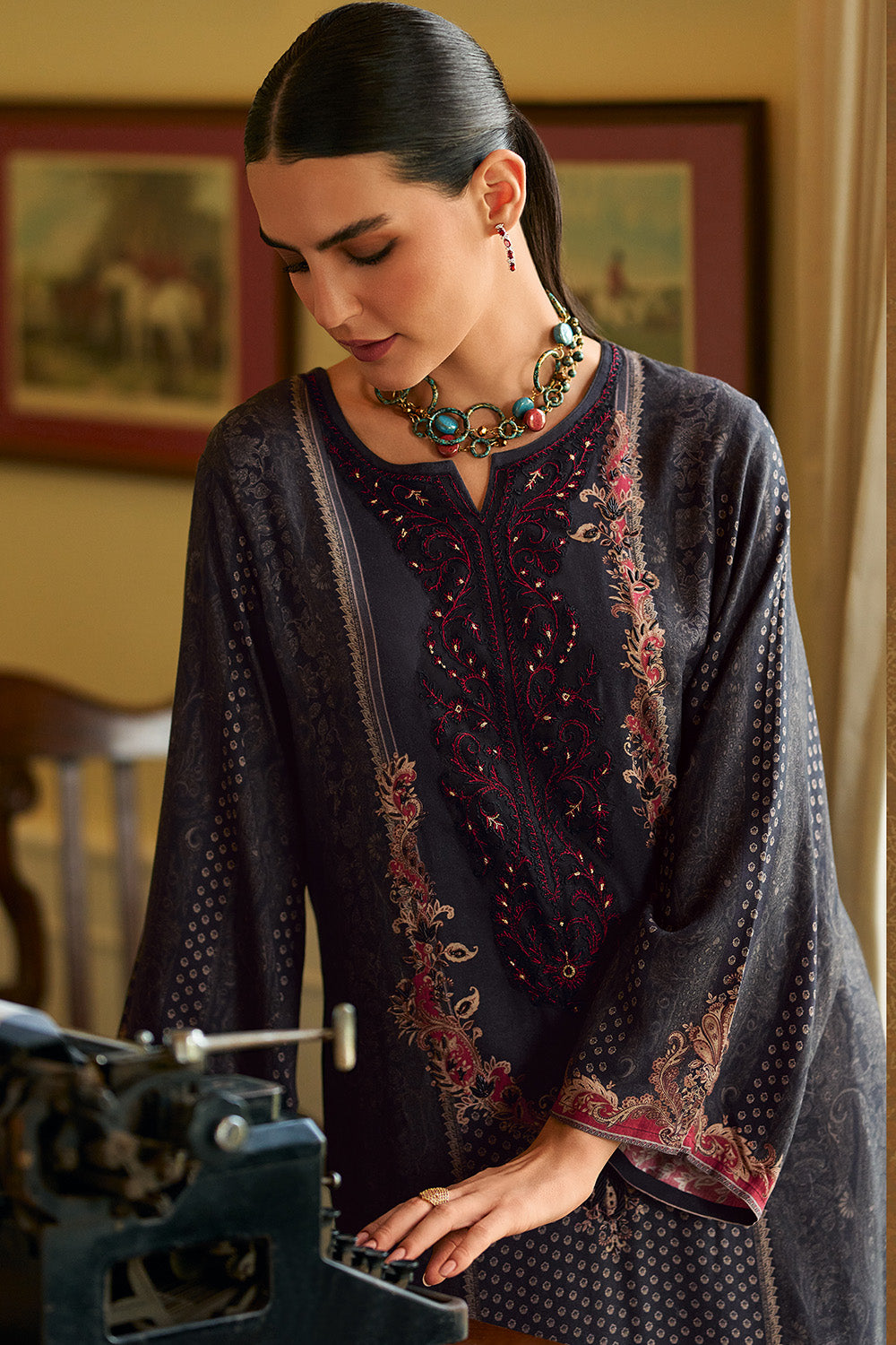 Black Spun Printed and Embroidered Unstitched Suit Material