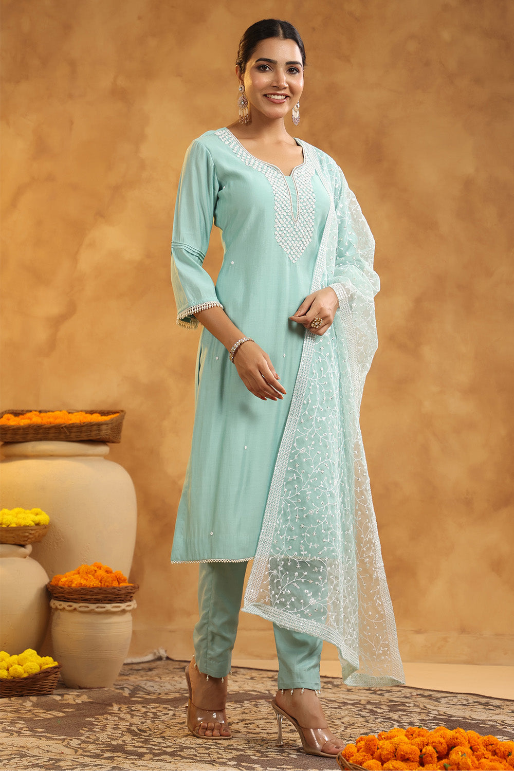 Powder Blue Color Cotton Neck Embroidered Unstitched Suit Fabric