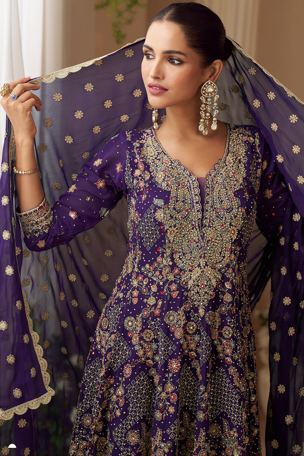 Voilet Georgette Zari And Sequins Embroidered Suit With Embroidered Palazzo