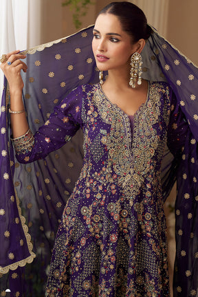 Voilet Georgette Zari And Sequins Embroidered Suit With Embroidered Palazzo
