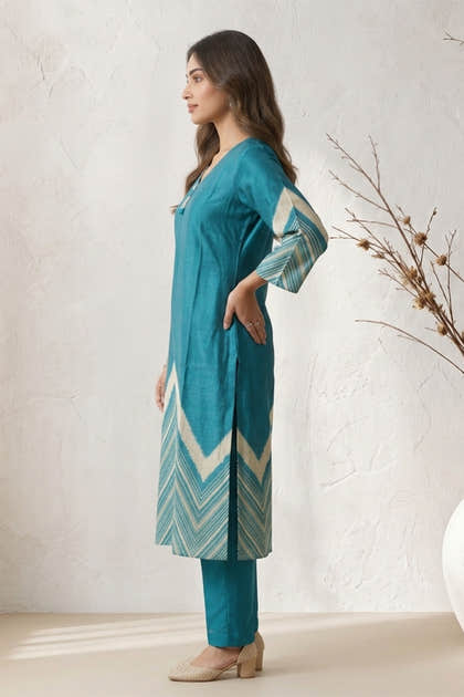 Dark Teal Mulberry Silk Printed Kurta Set