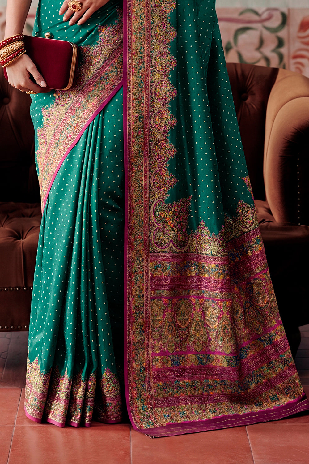 Teal Soft Silk Kalamkari Woven Saree
