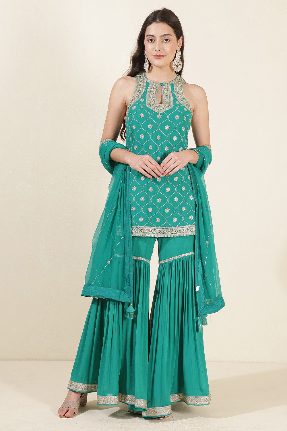Teal Green Color Georgette Zari & Sequins Embroidered Suit With Gharara
