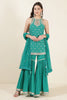 Teal Green Color Georgette Zari & Sequins Embroidered Suit With Gharara