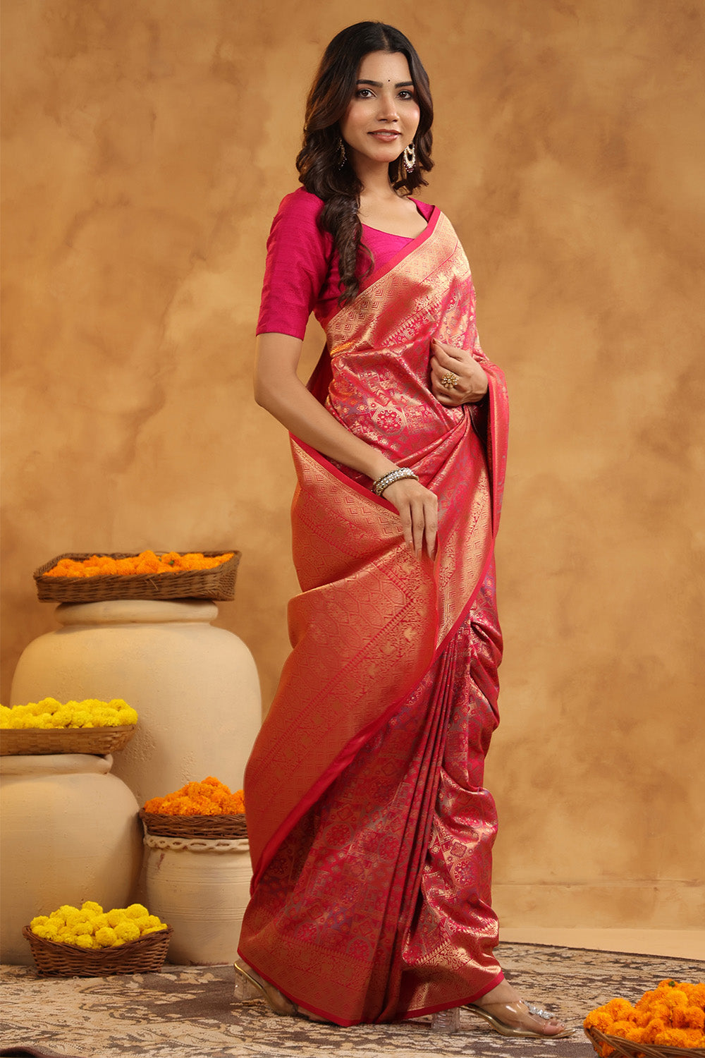 Fuchsia Color Zari Woven Saree