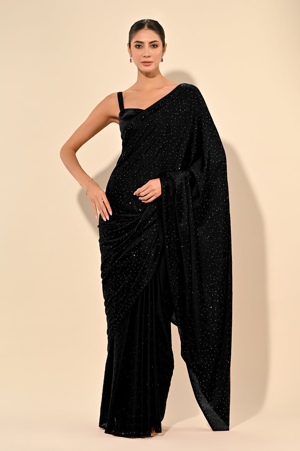 Black Color Satin Swarovski Work Saree