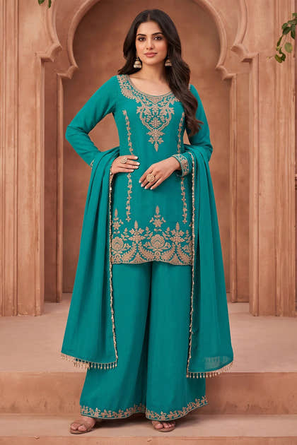 Teal Crepe Silk Cut-Dana Embroidered Suit With Embroidered Palazzo