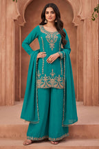 Teal Crepe Silk Cut-Dana Embroidered Suit With Embroidered Palazzo