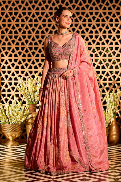 Pink Tissue Silk Embroidered Lehanga