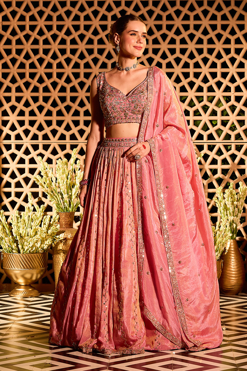 Pink Tissue Silk Embroidered Lehanga