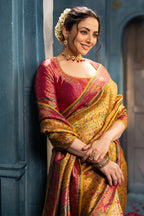 Mustard Position Print Woven Silk Saree