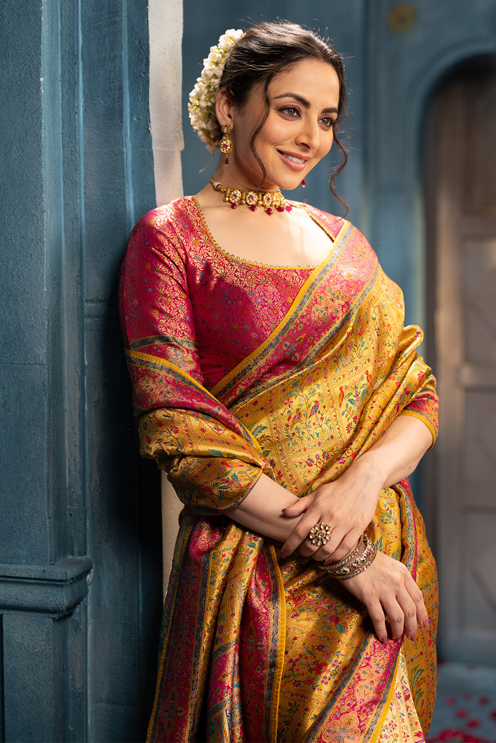 Mustard Position Print Woven Silk Saree