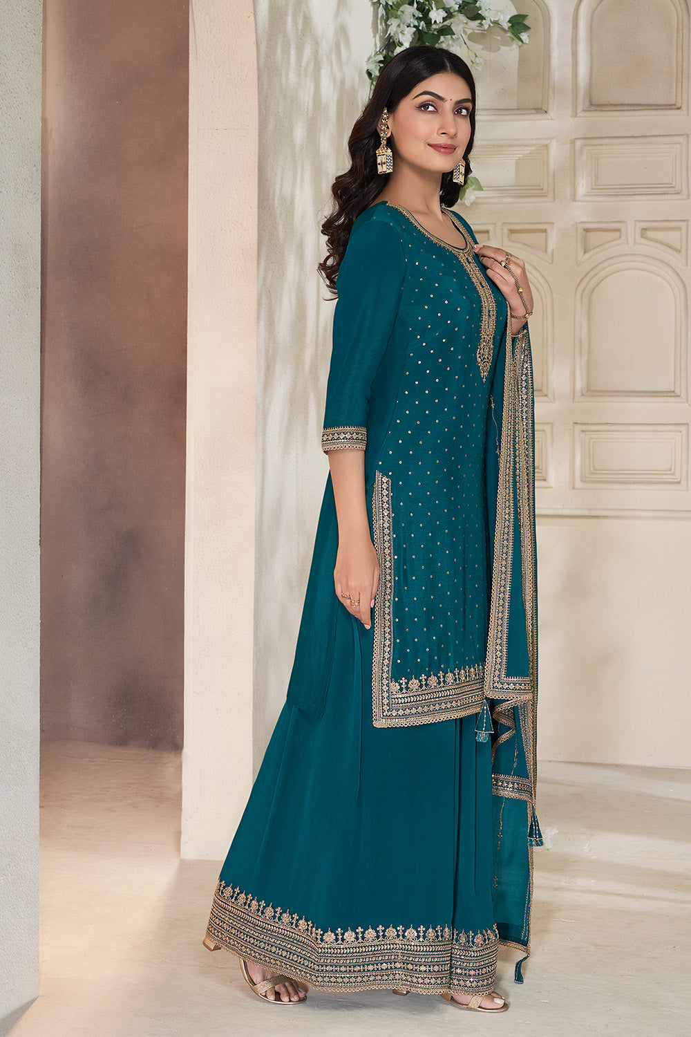 Teal Crepe Silk Zari Embroidered Suit With Embroidered Palazzo