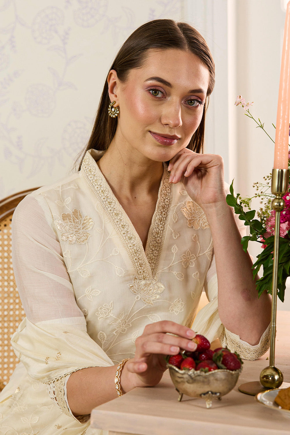 Cream Chanderi Cotton Floral Embroidered Suit