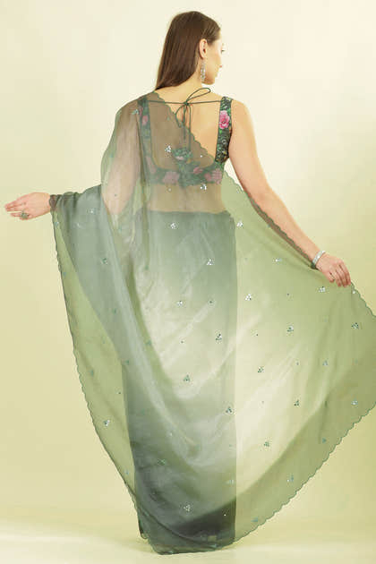 Ombre Sage Green Organza Saree With Mirror Work