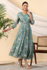 Teal Color Crepe Printed Peonies Dress