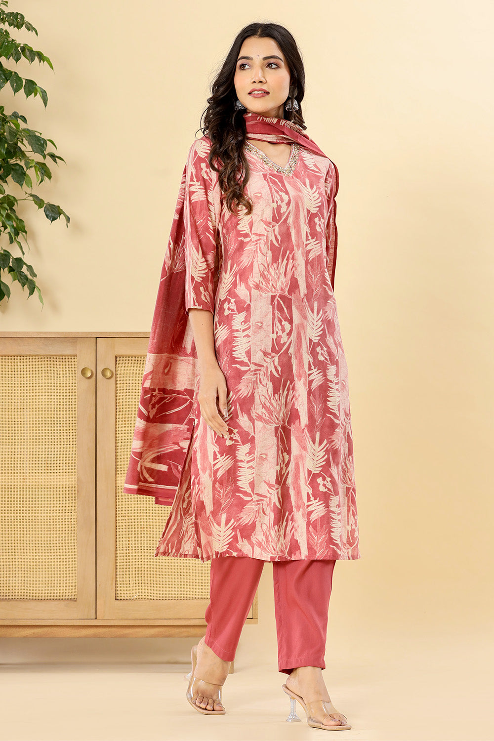 Light Carmine Pink Color Muslin Printed Straight Suit