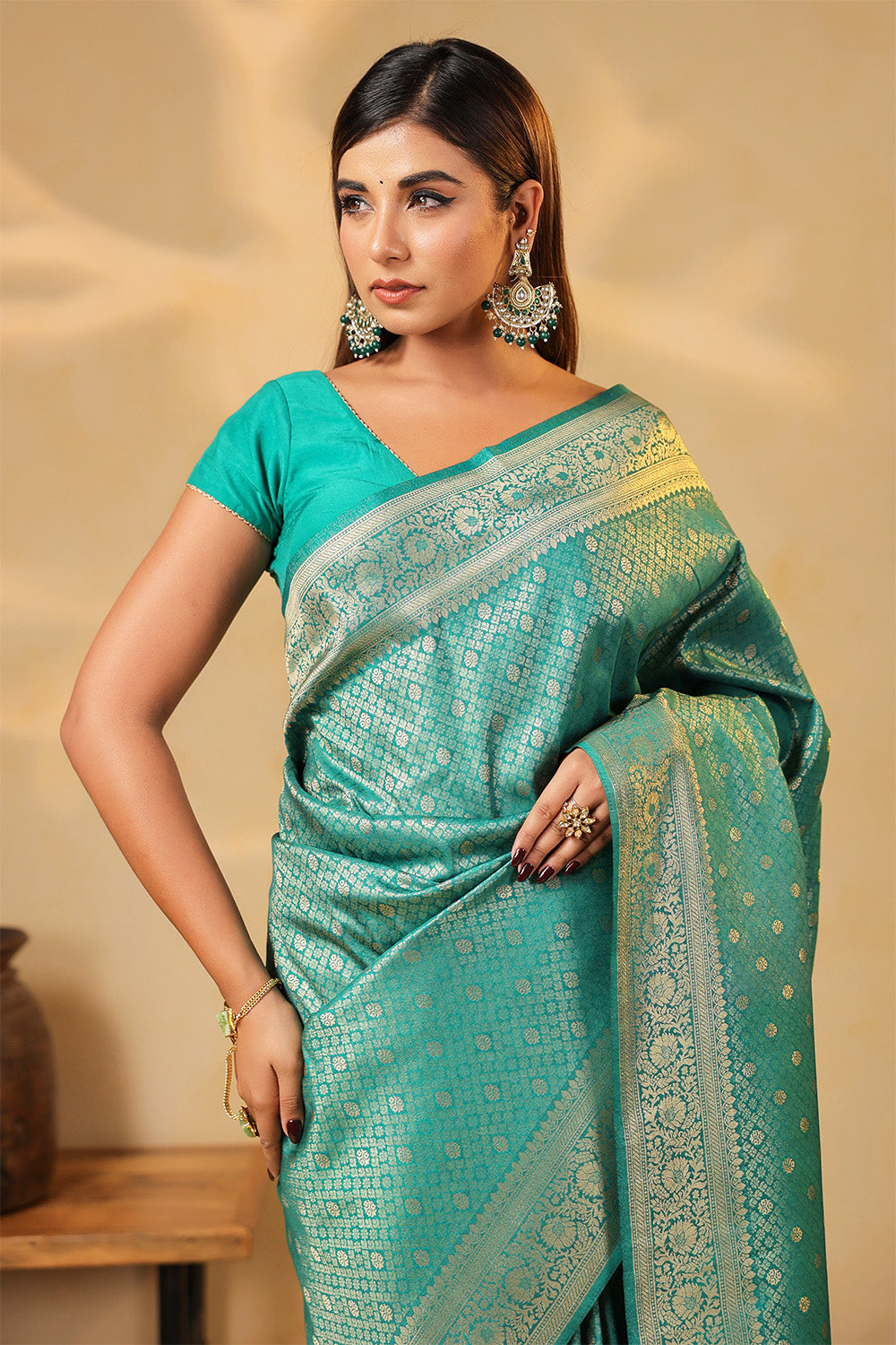 Teal Colour Silk Zari Woven Saree