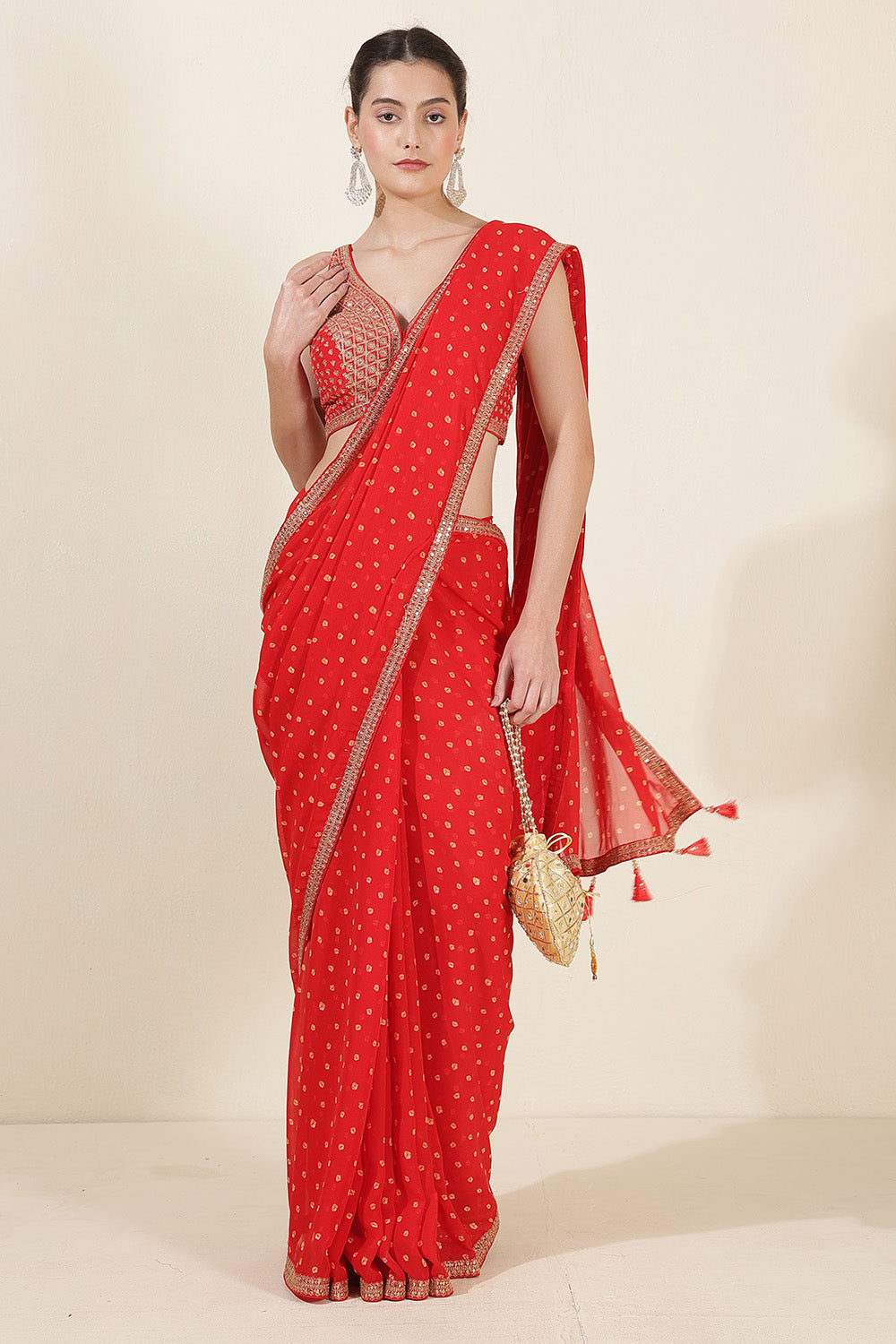 Red Color Georgette Bandhani Printed and Embroidered Saree With Readymade Blouse