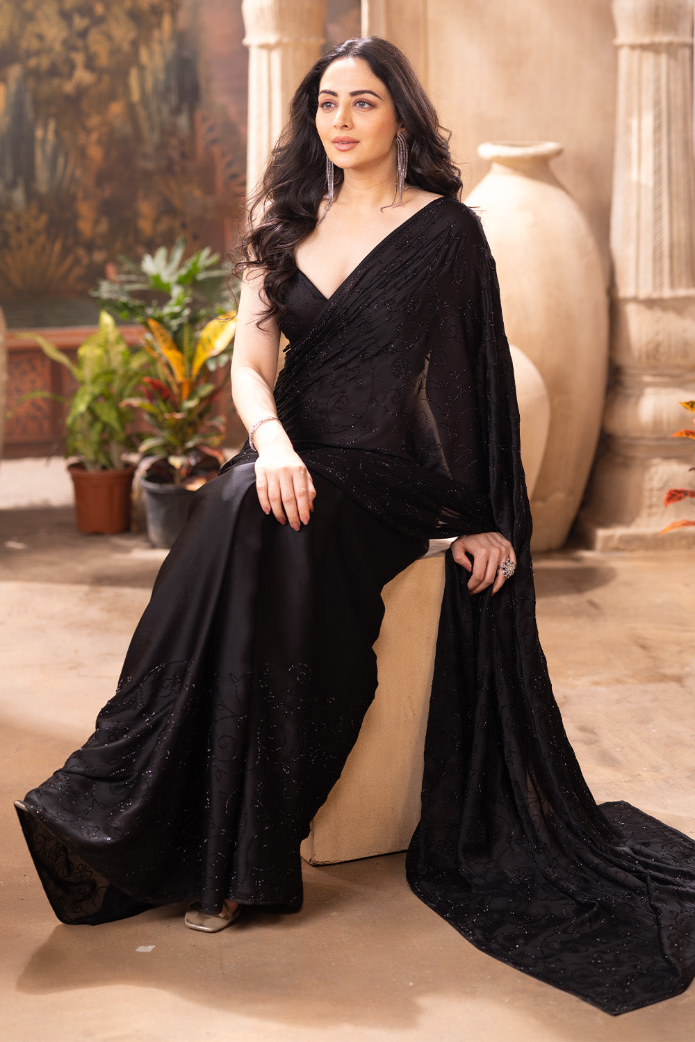 Black Satin Silk Swaroski Work Saree