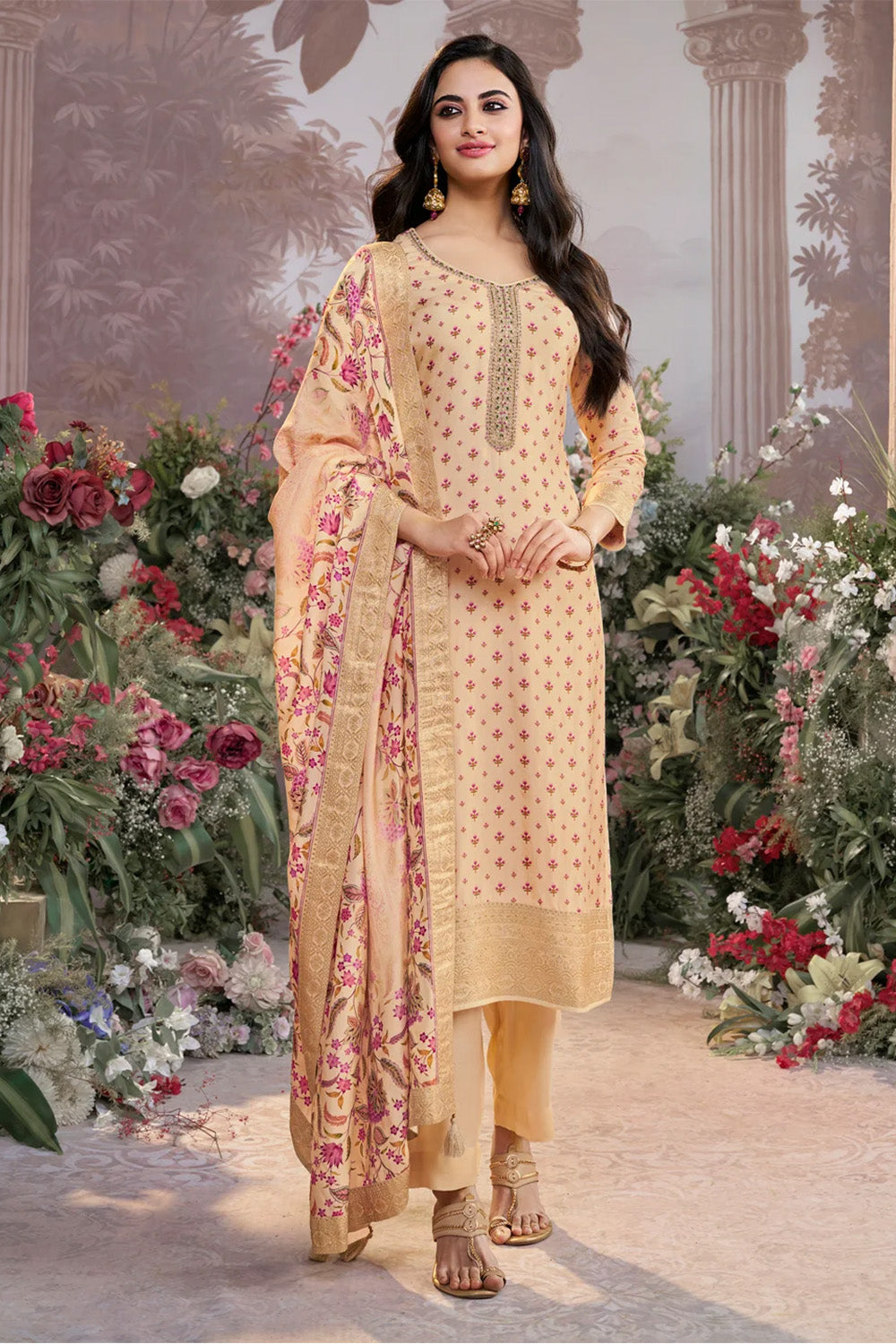 Cream Floral Printed & Zari Woven Silk Suit