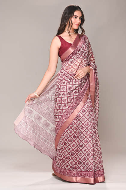 Cream & Rust Color Cotton Silk Printed Saree