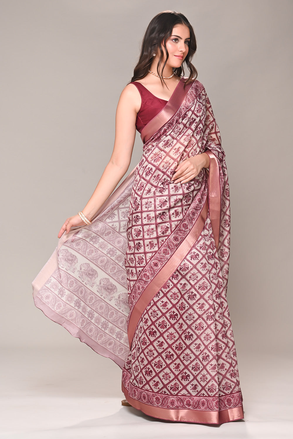 Cream & Rust Color Cotton Silk Printed Saree