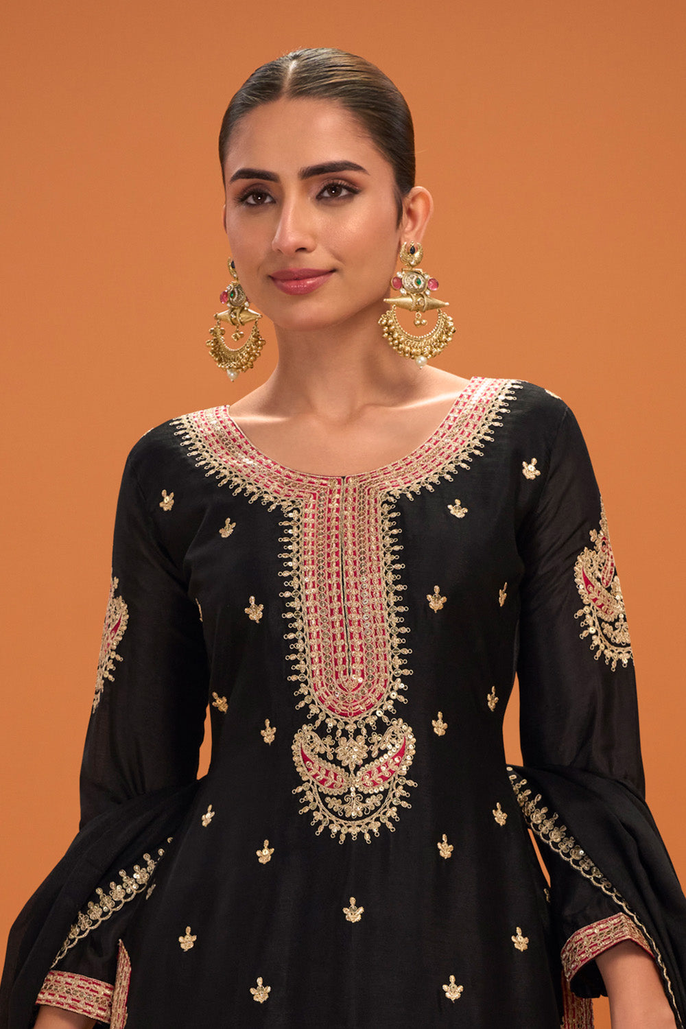 Black Crepe Silk Zari and Sequins Embroidered Suit With Embroidered Palazzo