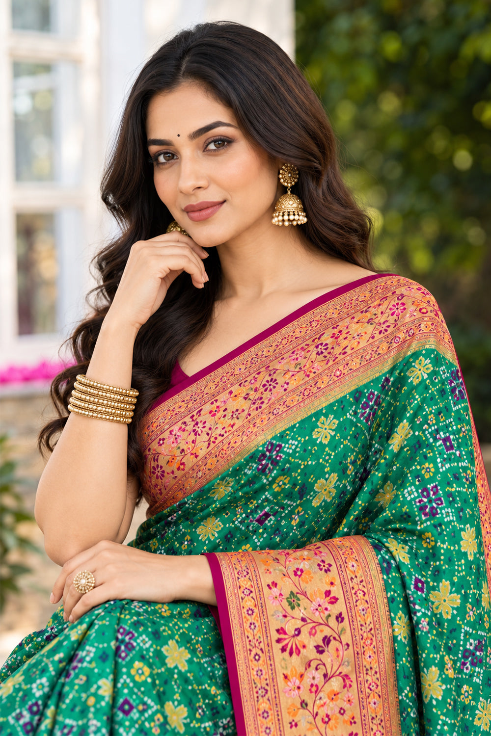 Teal Green Silk Printed And Woven Border Saree