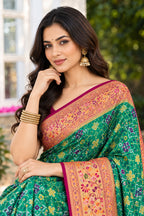 Teal Green Silk Printed And Woven Border Saree