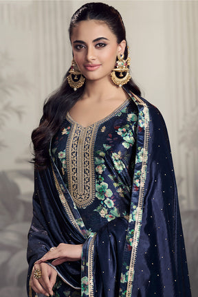 Navy Velvet Floral Printed And Embroidered Unstitched Suit Fabric