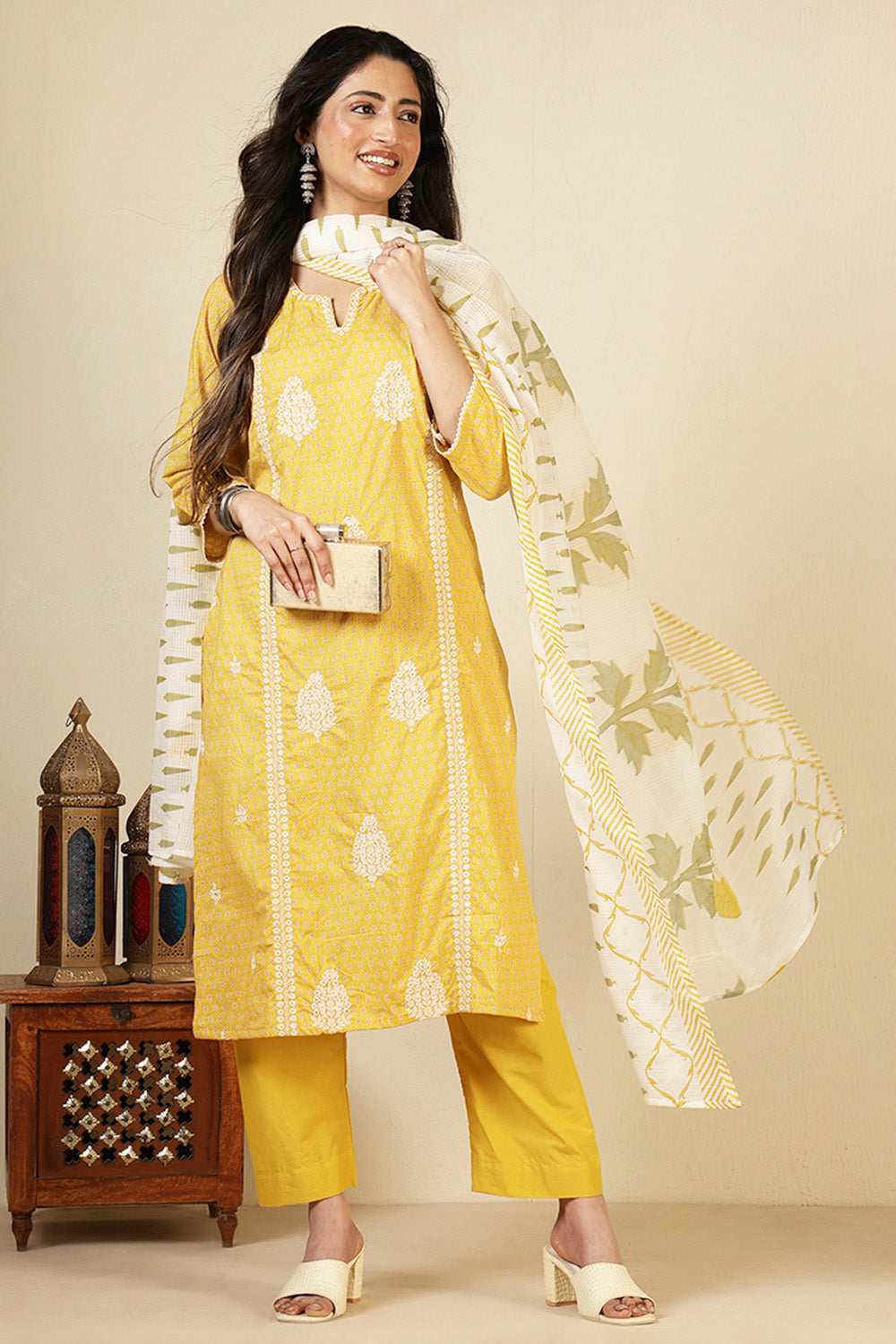 Yellow Cotton Emboridered And Printed Suit Set