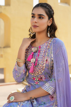 Light Lavender Color Muslin Embroidered & Floral Printed Kurta Set With Stitched Skirt