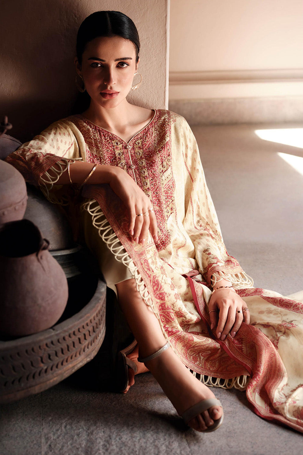 Cream Crepe Printed Unstitched Suit