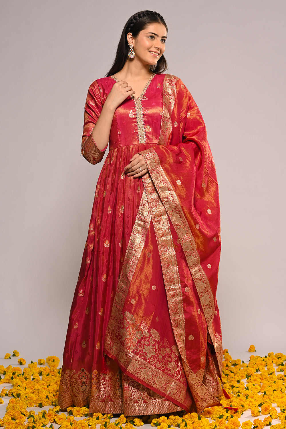 Fuchsia Pink Color Mantellic Tissue Embroidered and Woven Anarkali Suit