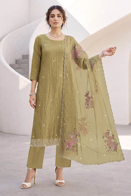 Pista Green Organza Resham Embroidered Unstitched Suit Material