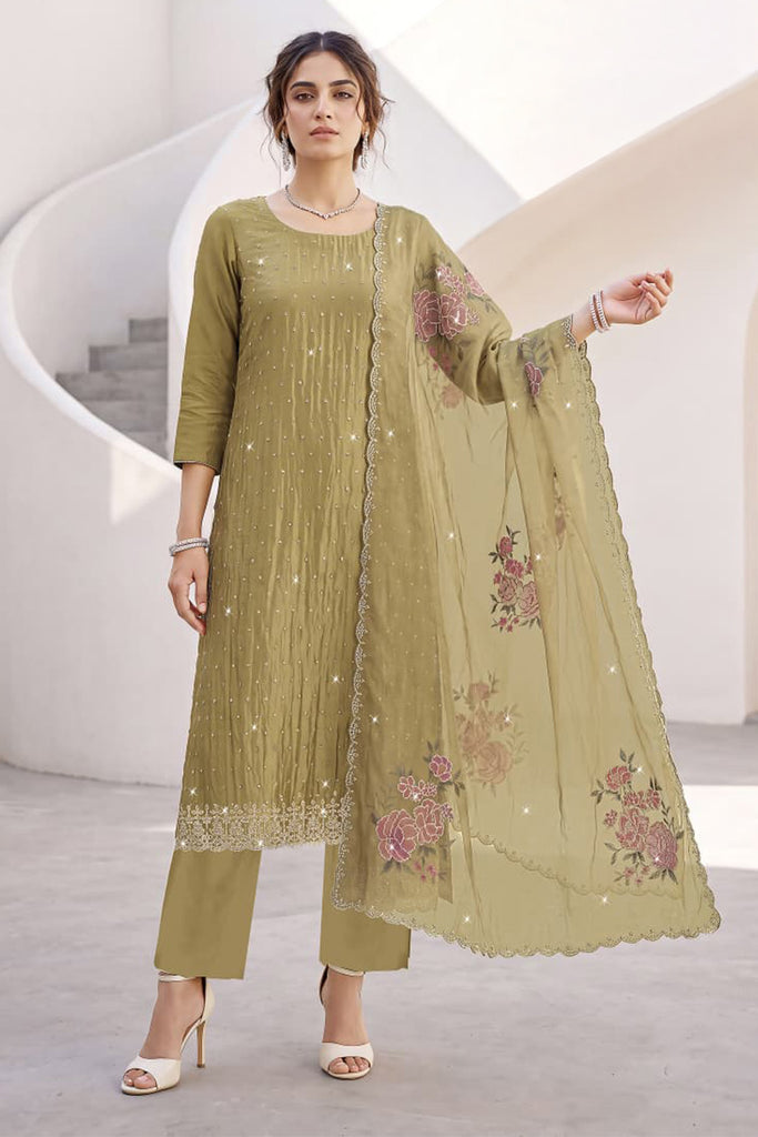 Pista Green Organza Resham Embroidered Unstitched Suit Material