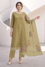 Pista Green Organza Resham Embroidered Unstitched Suit Material
