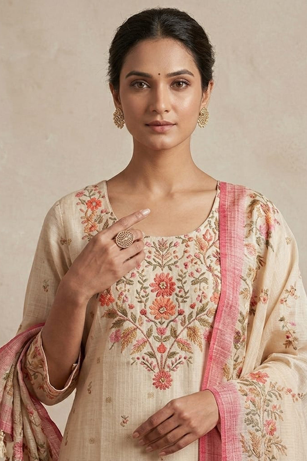 Cream Floral Printed Kota Cotton Suit