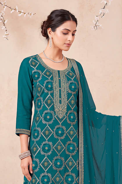 Teal Blue Zari Woven Silk Unstitched Suit Fabric