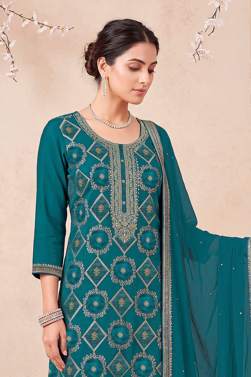 Teal Blue Zari Woven Silk Unstitched Suit Fabric