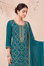 Teal Blue Zari Woven Silk Unstitched Suit Fabric