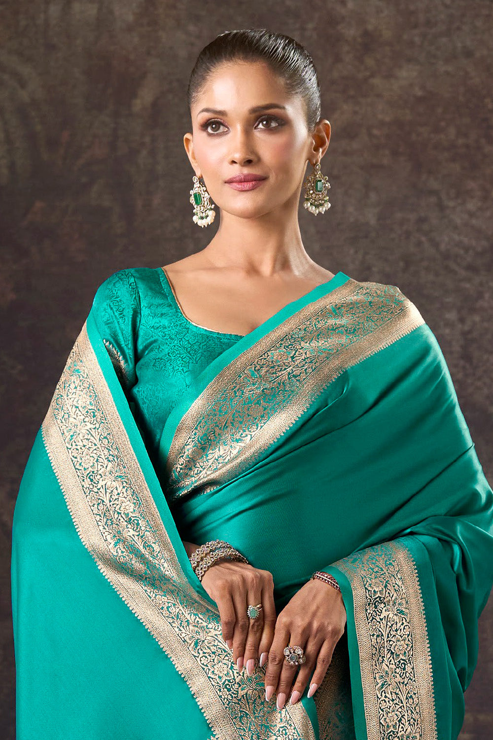 Teal Satin Silk Woven Saree