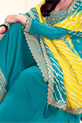 Teal Silk Embroidered Unstitched Suit Material With Readymade Palazzo