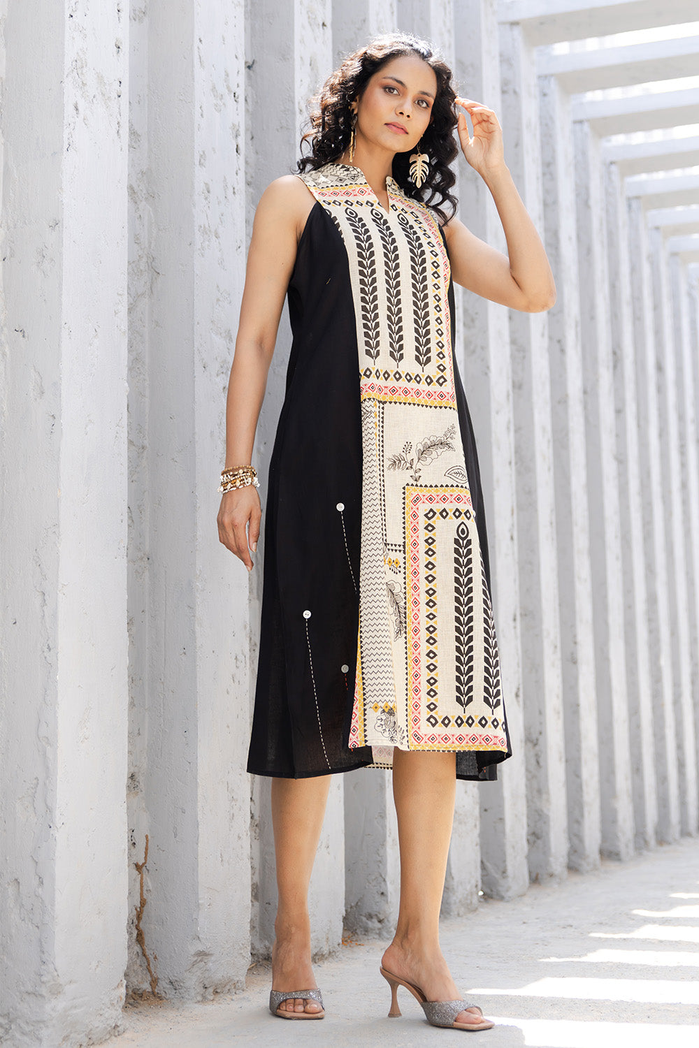Cream & Black Colour Cotton Printed Peonies Dress